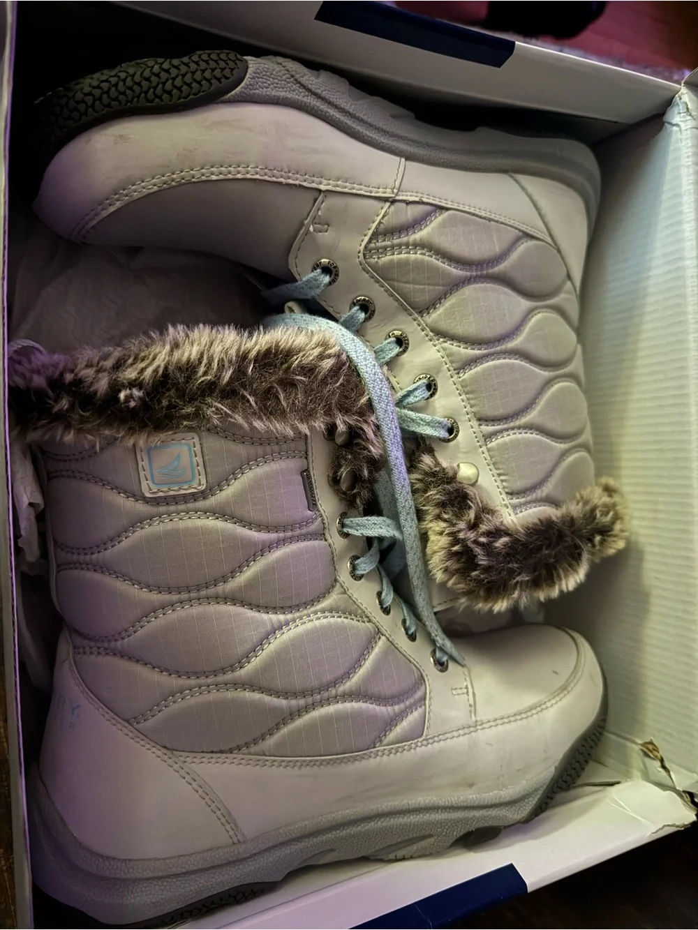 Sperry Light Gray Fur-Trim Lace-Up Winter Boots